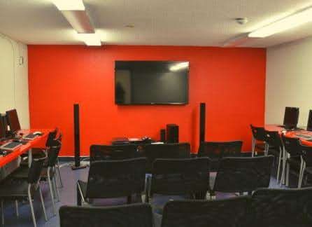 commercial building interior red accent wall