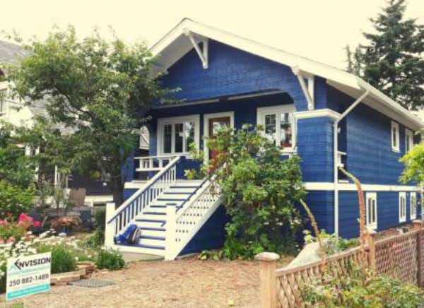 exterior paint job result of blue heritage home in Victoria BC by Envision Painting