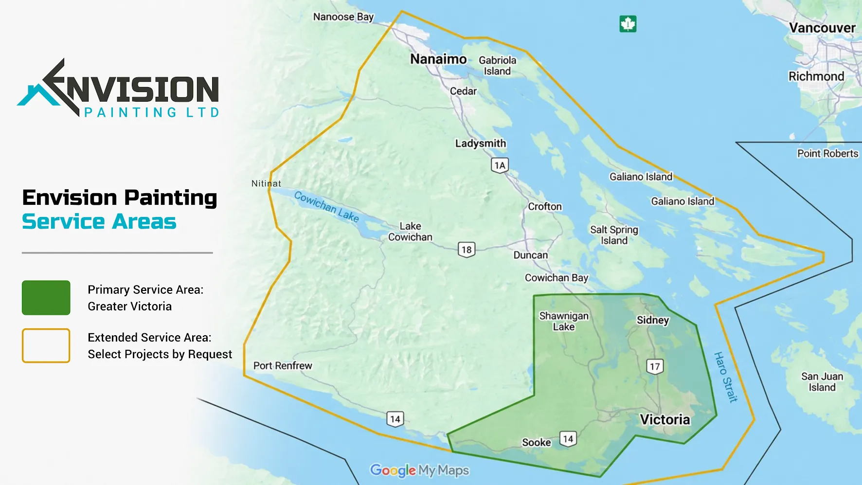Map showing Envision Painting’s primary service area in Greater Victoria and extended service area across southern Vancouver Island and the Gulf Islands.